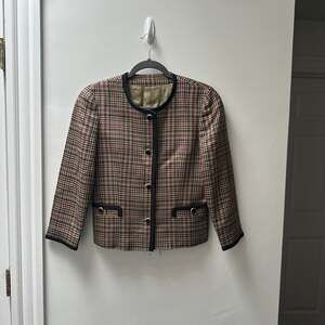 Burberry Plaid Print Round Neck Long Sleeve Trim Jacket